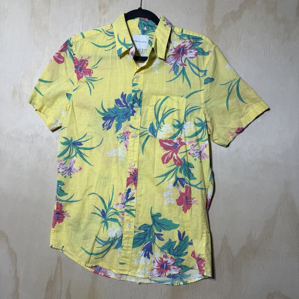 American Eagle Floral Hawaiian Shirt Mens Medium Yellow Tropical Button Up